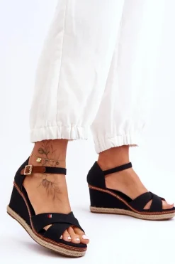 Hot Damskie Sandały Na Koturnie Czarne Janet Damskie Sandały Na Obcasie|Sandały Na Koturnie