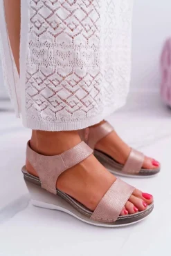 Sale Buty damskie Vinceza Damskie Sandały na Koturnie Różowe Złoto Gerdro