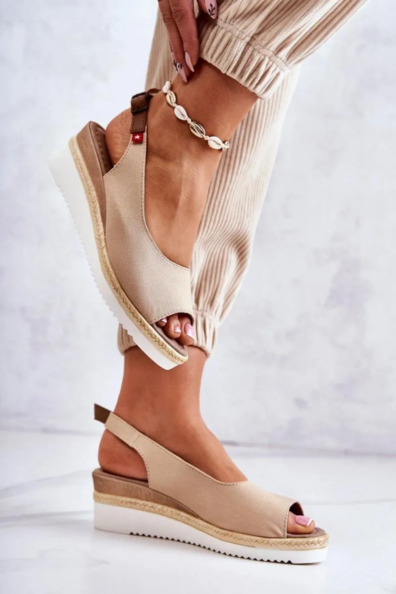 Hot Damskie Sandały Na Koturnie Big Star JJ276049 Beżowe Damskie Sandały Big Star|Sandały Na Koturnie