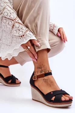 Damskie Sandały Na Koturnie Czarne Veenus Damskie Sandały Na Koturnie