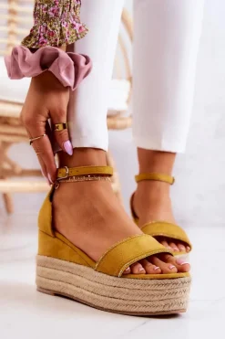 Hot Damskie Sandały Na Koturnie Z Cyrkoniami Żółte Linette Damskie Sandały Na Koturnie