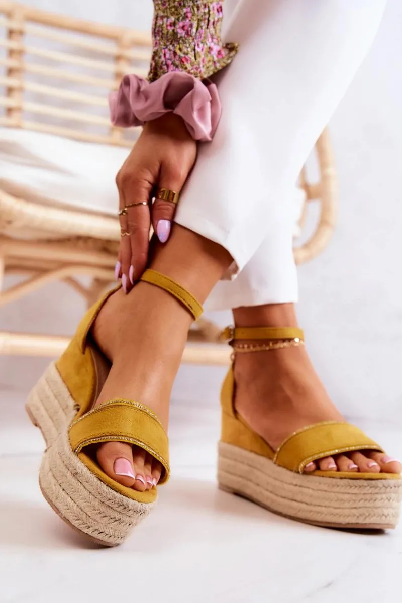 Hot Damskie Sandały Na Koturnie Z Cyrkoniami Żółte Linette Damskie Sandały Na Koturnie