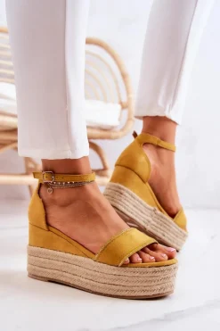 Hot Damskie Sandały Na Koturnie Z Cyrkoniami Żółte Linette Damskie Sandały Na Koturnie