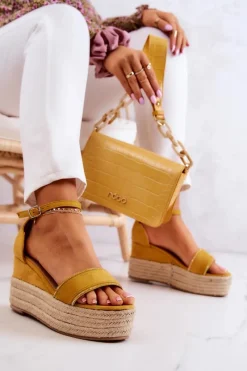 Hot Damskie Sandały Na Koturnie Z Cyrkoniami Żółte Linette Damskie Sandały Na Koturnie