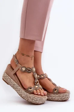 New Damskie buty S.Barski Damskie Sandały Na Koturnie Z Plecionką S.Barski MY291 Beżowe