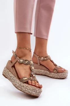 New Damskie buty S.Barski Damskie Sandały Na Koturnie Z Plecionką S.Barski MY291 Beżowe