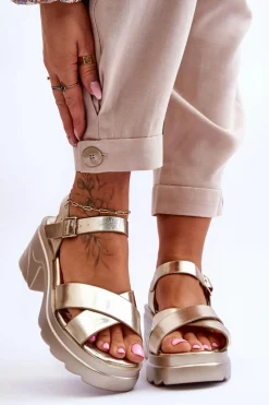 Sale Damskie Sandały Na Masywnym Obcasie Złote Hillary Damskie Sandały Na Obcasie