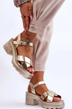 Sale Damskie Sandały Na Masywnym Obcasie Złote Hillary Damskie Sandały Na Obcasie