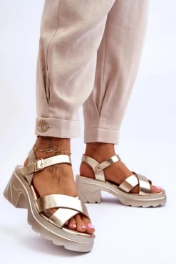 Sale Damskie Sandały Na Masywnym Obcasie Złote Hillary Damskie Sandały Na Obcasie