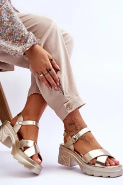 Sale Damskie Sandały Na Masywnym Obcasie Złote Hillary Damskie Sandały Na Obcasie