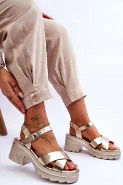 Sale Damskie Sandały Na Masywnym Obcasie Złote Hillary Damskie Sandały Na Obcasie