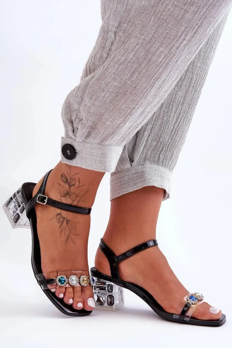 Best Damskie Sandały Na Obcasie Z Kryształkami Czarne S.Barski MR1037-01 Damskie Sandały Na Obcasie