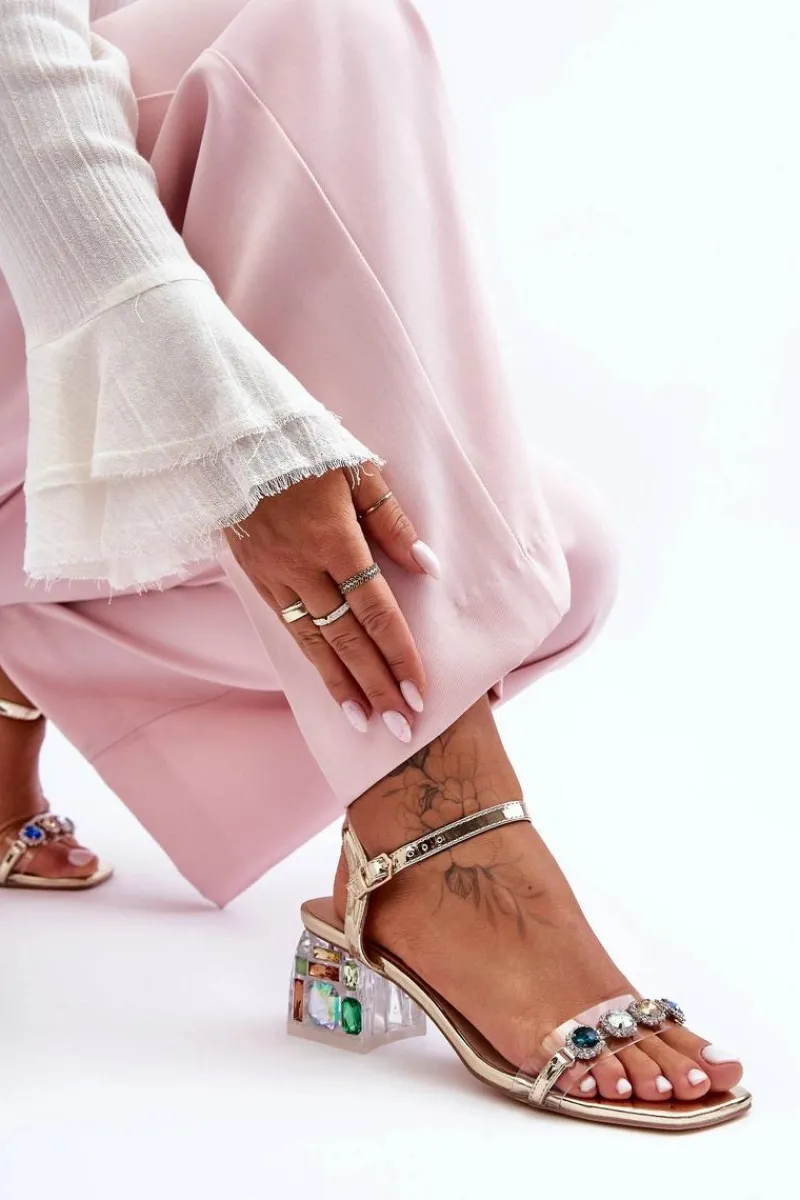 Hot Damskie Sandały Na Obcasie Z Kryształkami Złote S.Barski MR1037-01 Damskie Sandały Na Obcasie