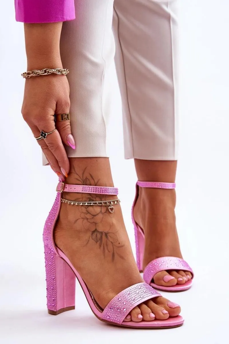 Best Damskie Sandały Na Obcasie Z Cyrkoniami Różowe Idealistic Damskie Sandały Na Obcasie