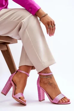 Best Damskie Sandały Na Obcasie Z Cyrkoniami Różowe Idealistic Damskie Sandały Na Obcasie