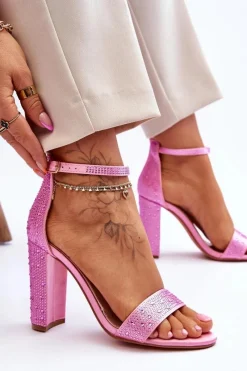 Best Damskie Sandały Na Obcasie Z Cyrkoniami Różowe Idealistic Damskie Sandały Na Obcasie