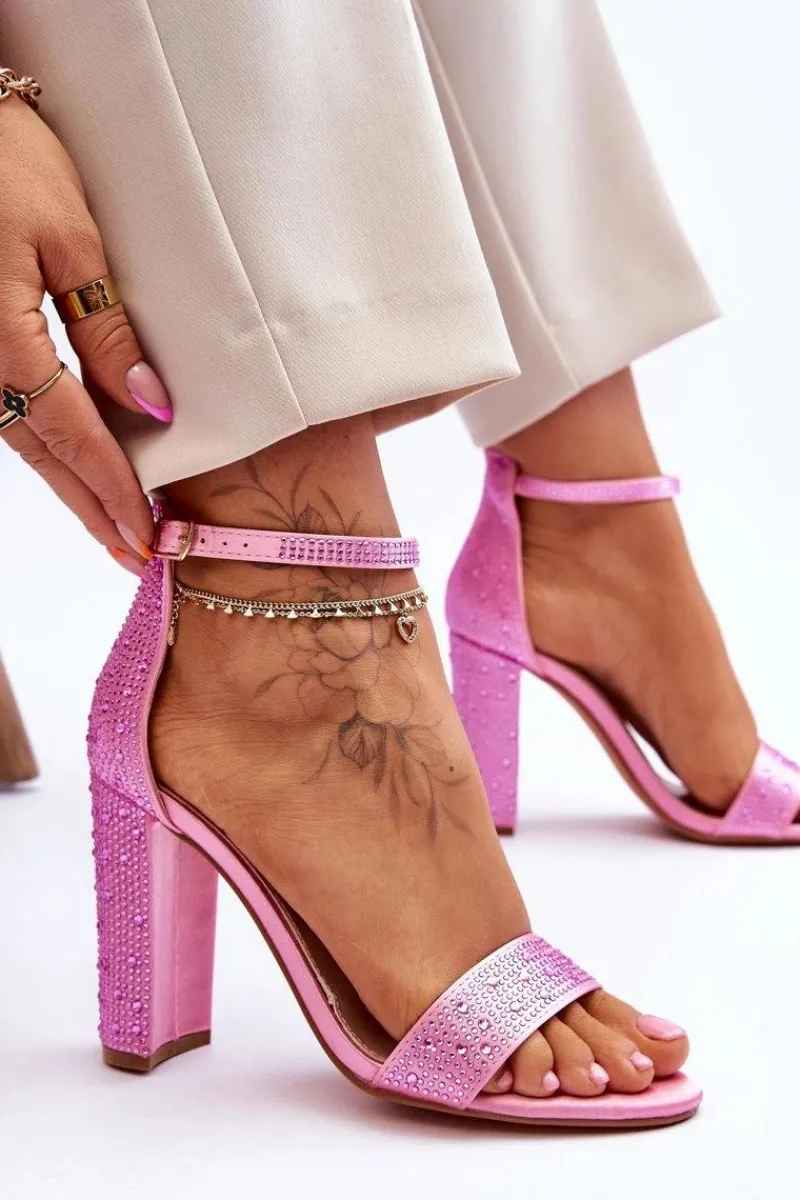 Best Damskie Sandały Na Obcasie Z Cyrkoniami Różowe Idealistic Damskie Sandały Na Obcasie