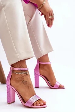 Best Damskie Sandały Na Obcasie Z Cyrkoniami Różowe Idealistic Damskie Sandały Na Obcasie