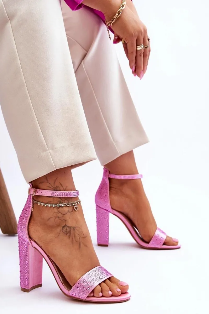 Best Damskie Sandały Na Obcasie Z Cyrkoniami Różowe Idealistic Damskie Sandały Na Obcasie