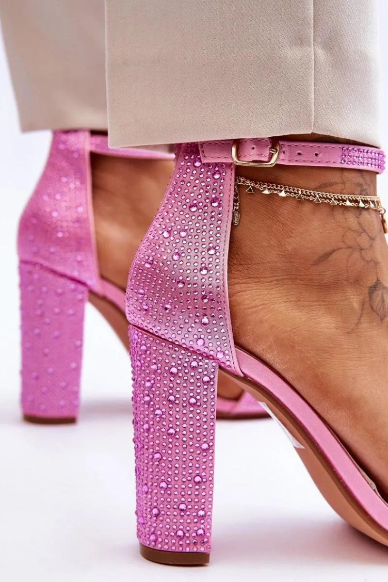 Best Damskie Sandały Na Obcasie Z Cyrkoniami Różowe Idealistic Damskie Sandały Na Obcasie