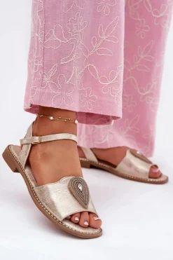 Sale Damskie buty S.Barski Damskie Sandały Na Płaskim Obcasie Z Ozdobą S.Barski KV51-098 Złote Złoty