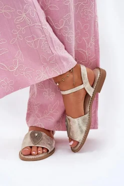 Sale Damskie buty S.Barski Damskie Sandały Na Płaskim Obcasie Z Ozdobą S.Barski KV51-098 Złote Złoty