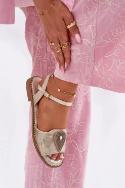 Sale Damskie buty S.Barski Damskie Sandały Na Płaskim Obcasie Z Ozdobą S.Barski KV51-098 Złote Złoty
