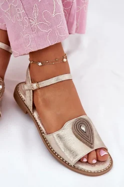 Sale Damskie buty S.Barski Damskie Sandały Na Płaskim Obcasie Z Ozdobą S.Barski KV51-098 Złote Złoty