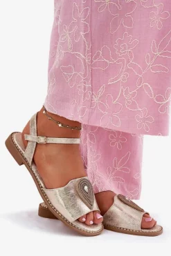 Sale Damskie buty S.Barski Damskie Sandały Na Płaskim Obcasie Z Ozdobą S.Barski KV51-098 Złote Złoty