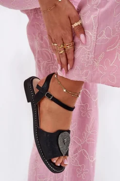 Sandały Płaskie>Damskie buty S.Barski Damskie Sandały Na Płaskim Obcasie Z Ozdobą S.Barski KV51-098 Czarne Czarny