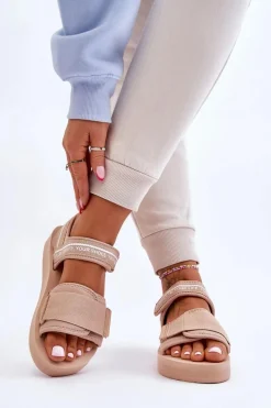 New Big Star Shoes Damskie Sandały Na Rzepy Big Star LL274787 Beżowe