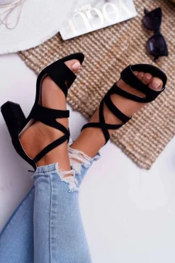 Sandały Na Obcasie>Boto Damskie Sandały Na Słupku Zamszowe Czarne Lemilia