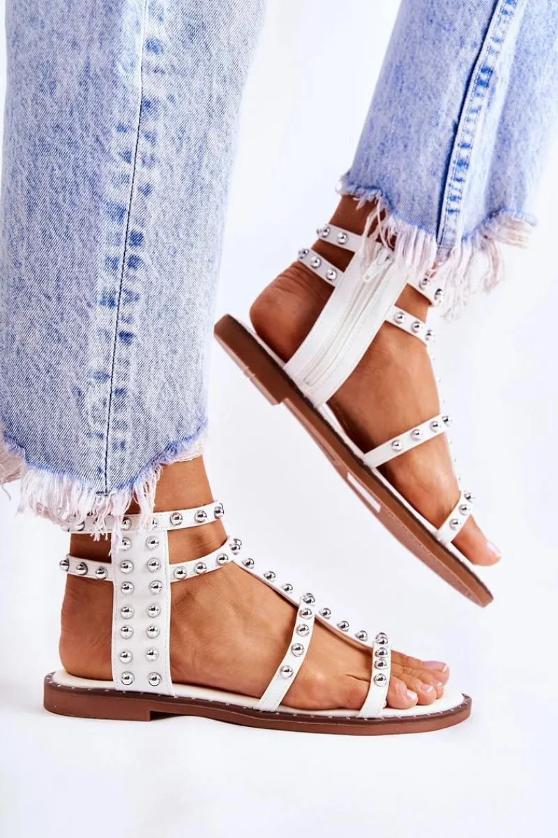 Sandały Płaskie>Boto Damskie Sandały Na Suwak Z Ćwiekami Białe Cavos