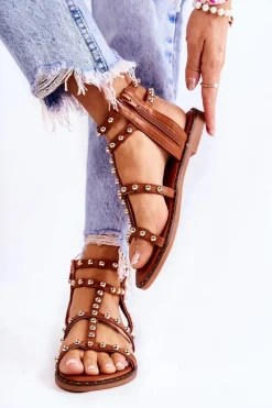 Best Boto Damskie Sandały Na Suwak Z Ćwiekami Brązowe Cavos