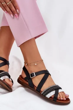 Clearance Damskie Sandały Płaskie Z Paskami Sergio Leone SK087H Czarne Damskie Sandały Płaskie