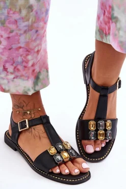 New Damskie Sandały S.Barski Z Kamieniami KV-2775-30 Czarne Damskie Sandały Płaskie