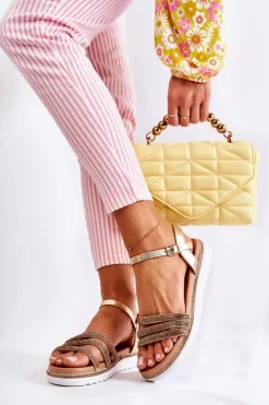 Sale Damskie Sandały Z Cyrkoniami Złote Sorrita Damskie Sandały Płaskie