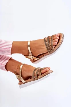 Sale Damskie Sandały Z Cyrkoniami Złote Sorrita Damskie Sandały Płaskie