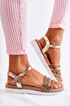 Sale Damskie Sandały Z Cyrkoniami Złote Sorrita Damskie Sandały Płaskie