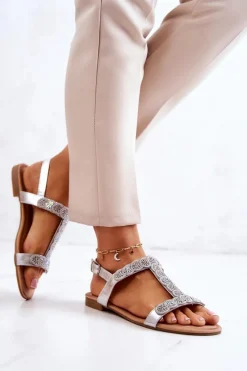 Clearance Damskie Sandały Z Dżetami Srebrne Julies Damskie Sandały Płaskie