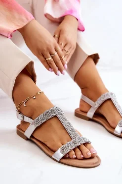 Clearance Damskie Sandały Z Dżetami Srebrne Julies Damskie Sandały Płaskie