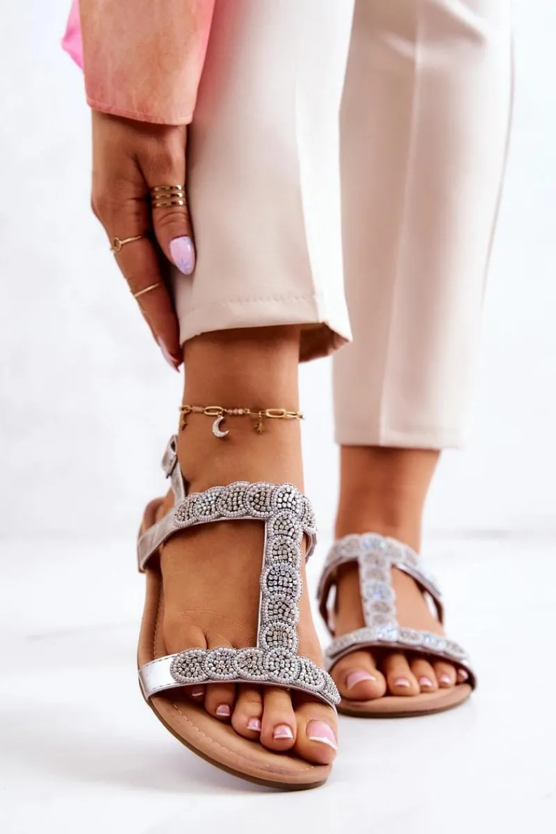 Clearance Damskie Sandały Z Dżetami Srebrne Julies Damskie Sandały Płaskie