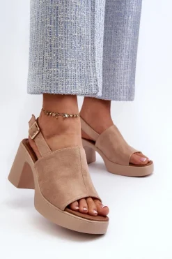 New Damskie Sandały Z Eko Zamszu Na Platformie I Obcasie Beżowe Vatle Damskie Sandały Na Obcasie