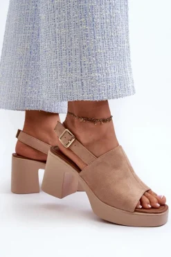 New Damskie Sandały Z Eko Zamszu Na Platformie I Obcasie Beżowe Vatle Damskie Sandały Na Obcasie