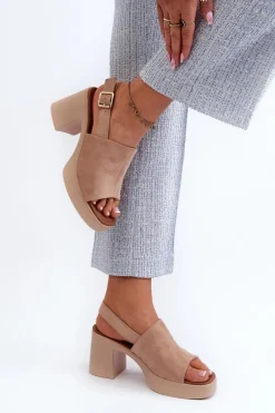 New Damskie Sandały Z Eko Zamszu Na Platformie I Obcasie Beżowe Vatle Damskie Sandały Na Obcasie