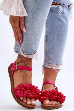 Best Damskie Sandały Z Materiałowymi Kwiatami Fuksja Fiori Damskie Sandały Płaskie