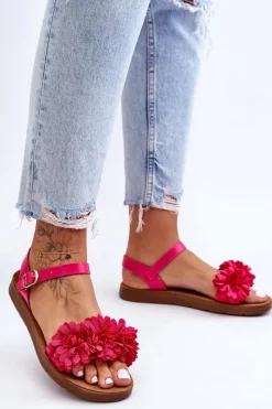 Best Damskie Sandały Z Materiałowymi Kwiatami Fuksja Fiori Damskie Sandały Płaskie