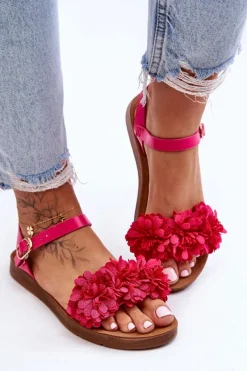 Best Damskie Sandały Z Materiałowymi Kwiatami Fuksja Fiori Damskie Sandały Płaskie