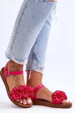 Best Damskie Sandały Z Materiałowymi Kwiatami Fuksja Fiori Damskie Sandały Płaskie