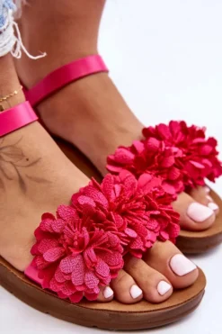 Best Damskie Sandały Z Materiałowymi Kwiatami Fuksja Fiori Damskie Sandały Płaskie